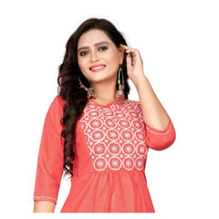 Generic Women's Cotton Embroidery Straight Kurti (Peach)