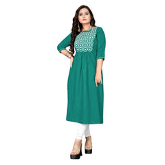 Generisches gerades Kurti aus Baumwolle mit Stickerei für Damen (Türkisgrün)