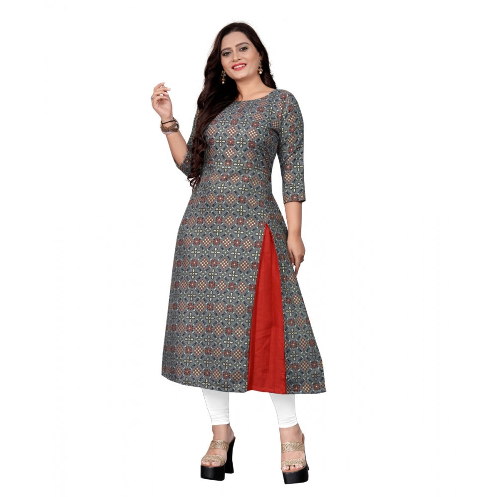 Generic Women's Cotton Print with Foil Frontslit Kurti (Grey)