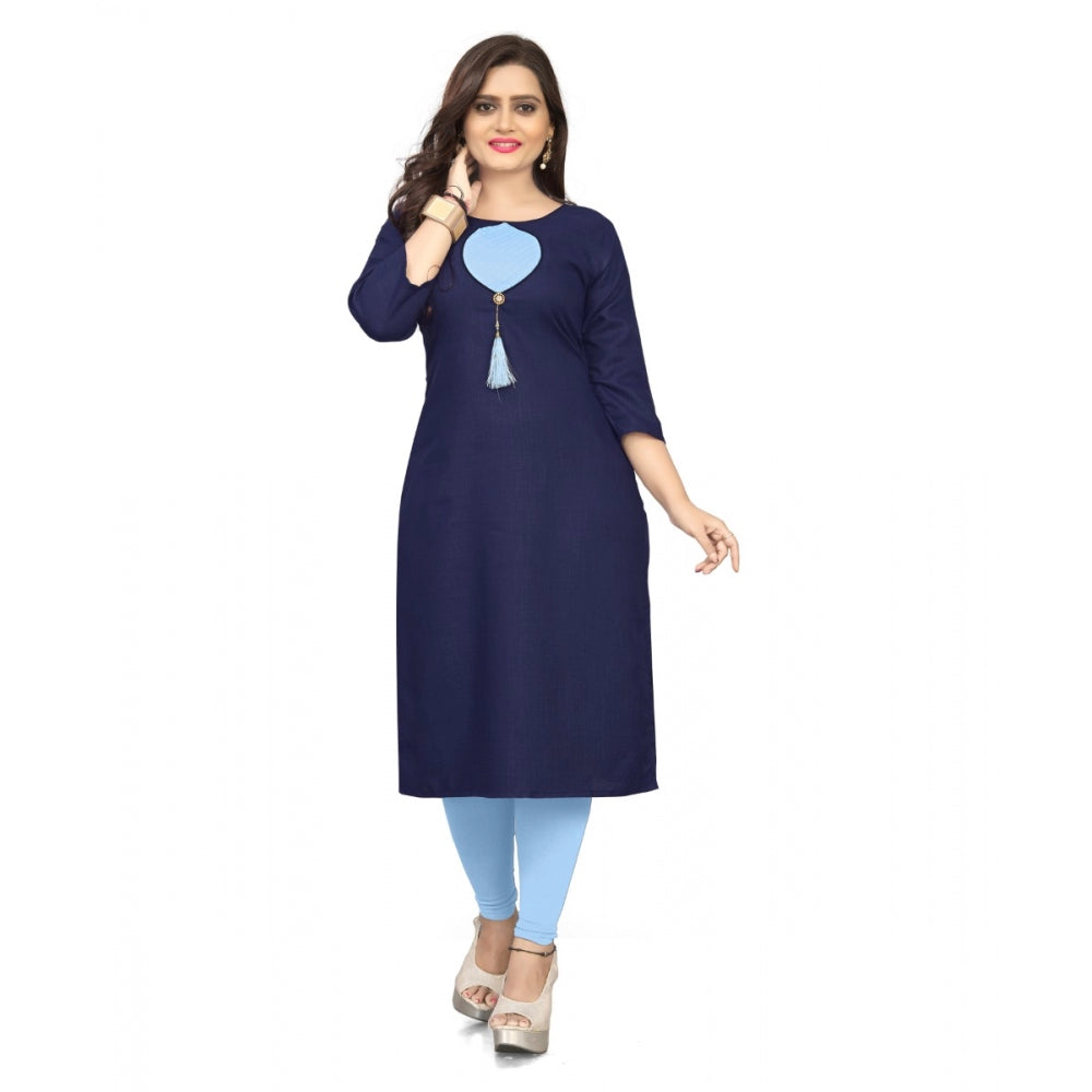 Generic Women's Cotton Soild A-Line Kurti (Navy Blue)