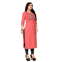 Generic Women's Cotton Embroidery Straight Kurti (Peach)