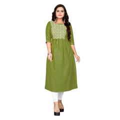 Generic Women's Cotton Embroidery Straight Kurti (Light Green)