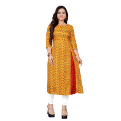 Generic Women's Cotton Print with Foil Frontslit Kurti (Mustard Yellow)