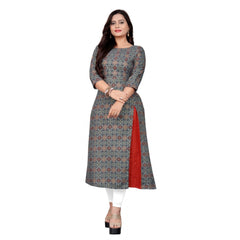 Generic Women's Cotton Print with Foil Frontslit Kurti (Grey)