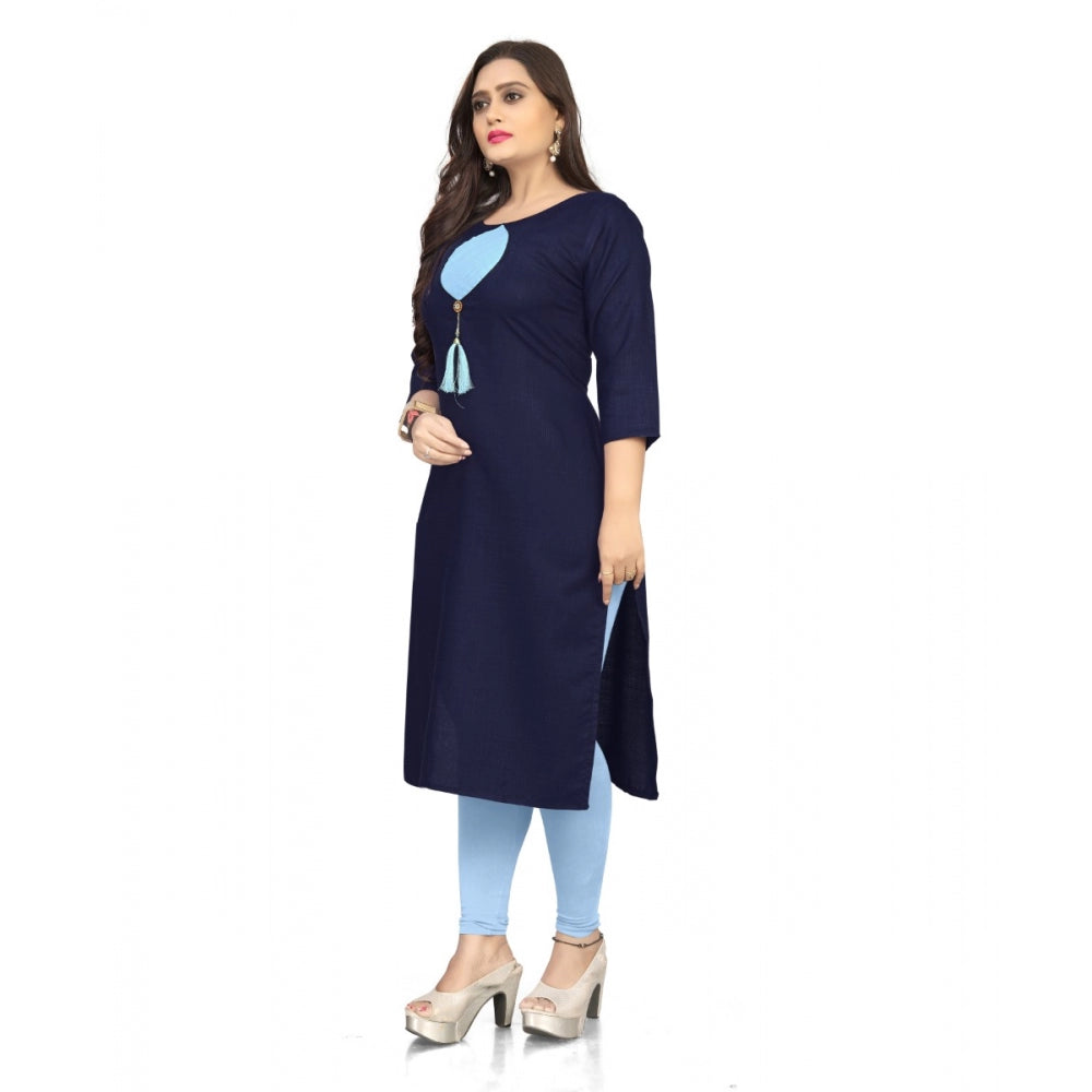 Generic Women's Cotton Soild A-Line Kurti (Navy Blue)