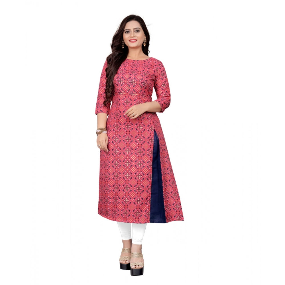 Generic Women's Cotton Print with Foil Frontslit Kurti (Pink)