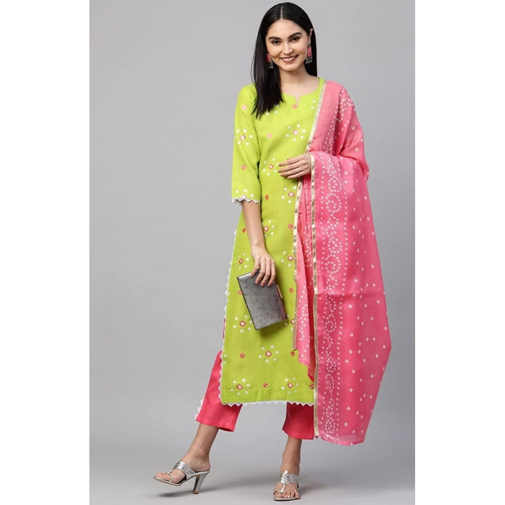 Generic Women's Printed Kurti With Bottom Dupatta Set (Green)