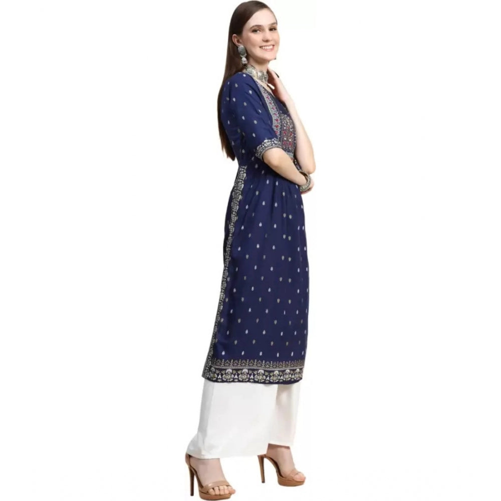 Generic Women's Printed Embroidery Kurti (Navy Blue)