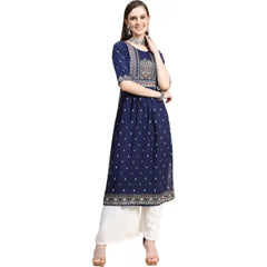 Generic Women's Printed Embroidery Kurti (Navy Blue)