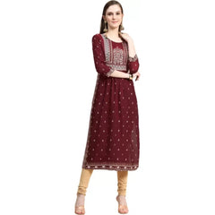 Generic Women's Printed Embroidery Kurti (Maroon)