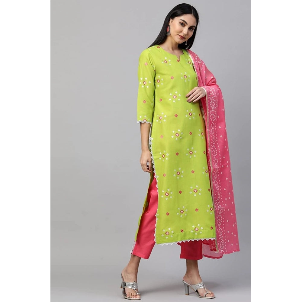 Generic Women's Printed Kurti With Bottom Dupatta Set (Green)