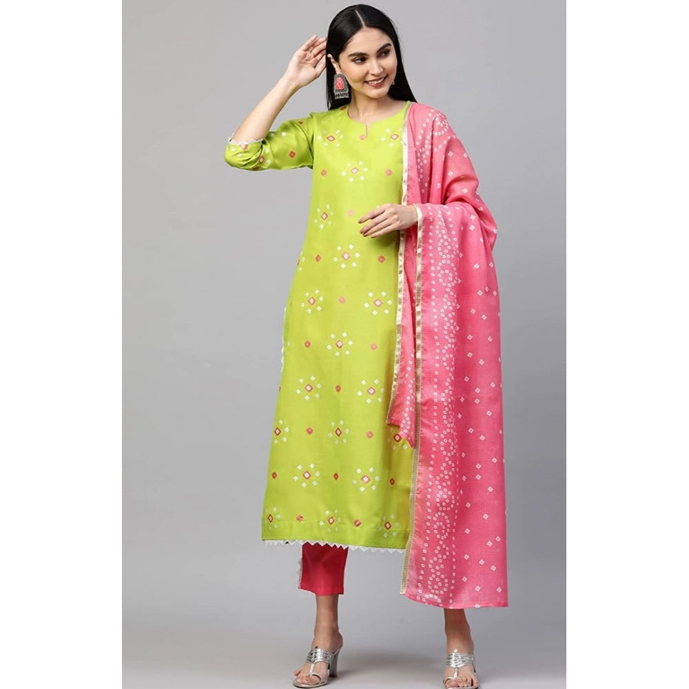 Generic Women's Printed Kurti With Bottom Dupatta Set (Green)