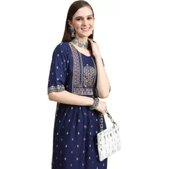 Generic Women's Printed Embroidery Kurti (Navy Blue)