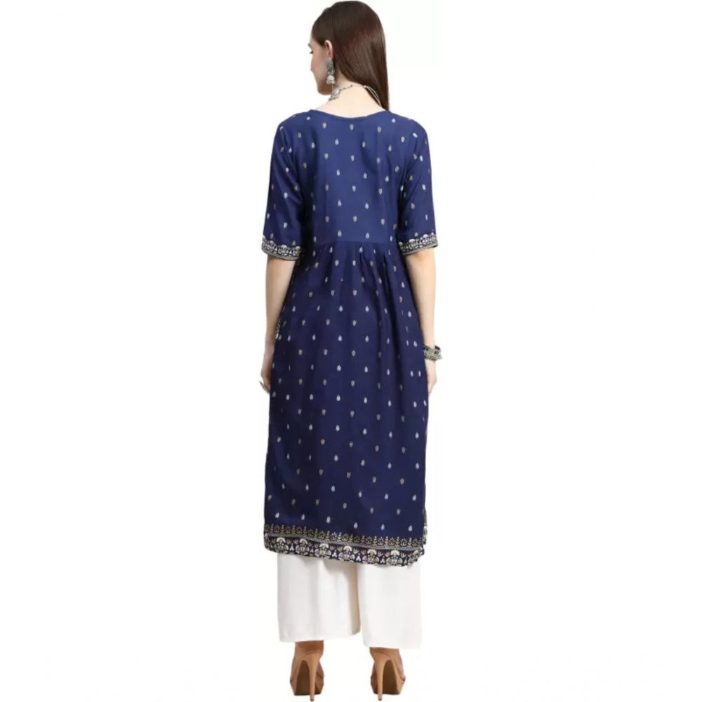 Generic Women's Printed Embroidery Kurti (Navy Blue)