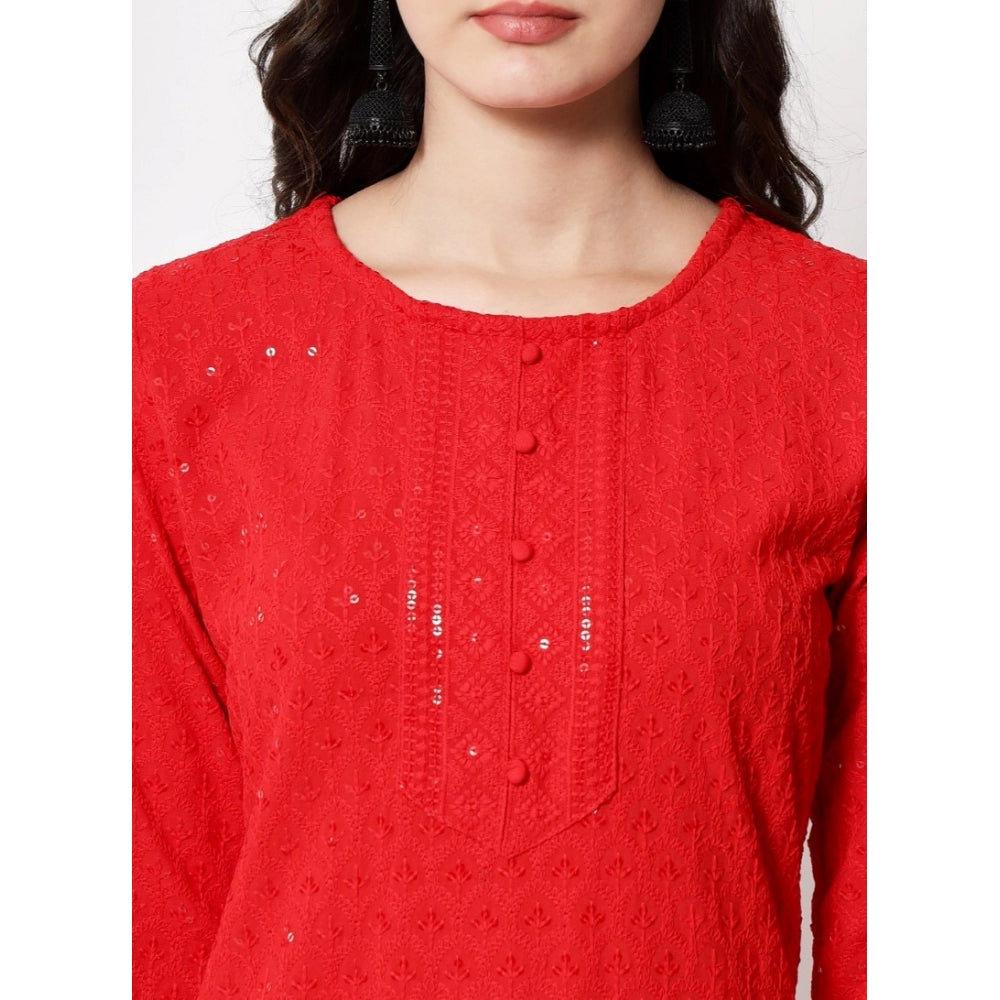 Generic Women's Embroidery With Sequence Kurti (Red)