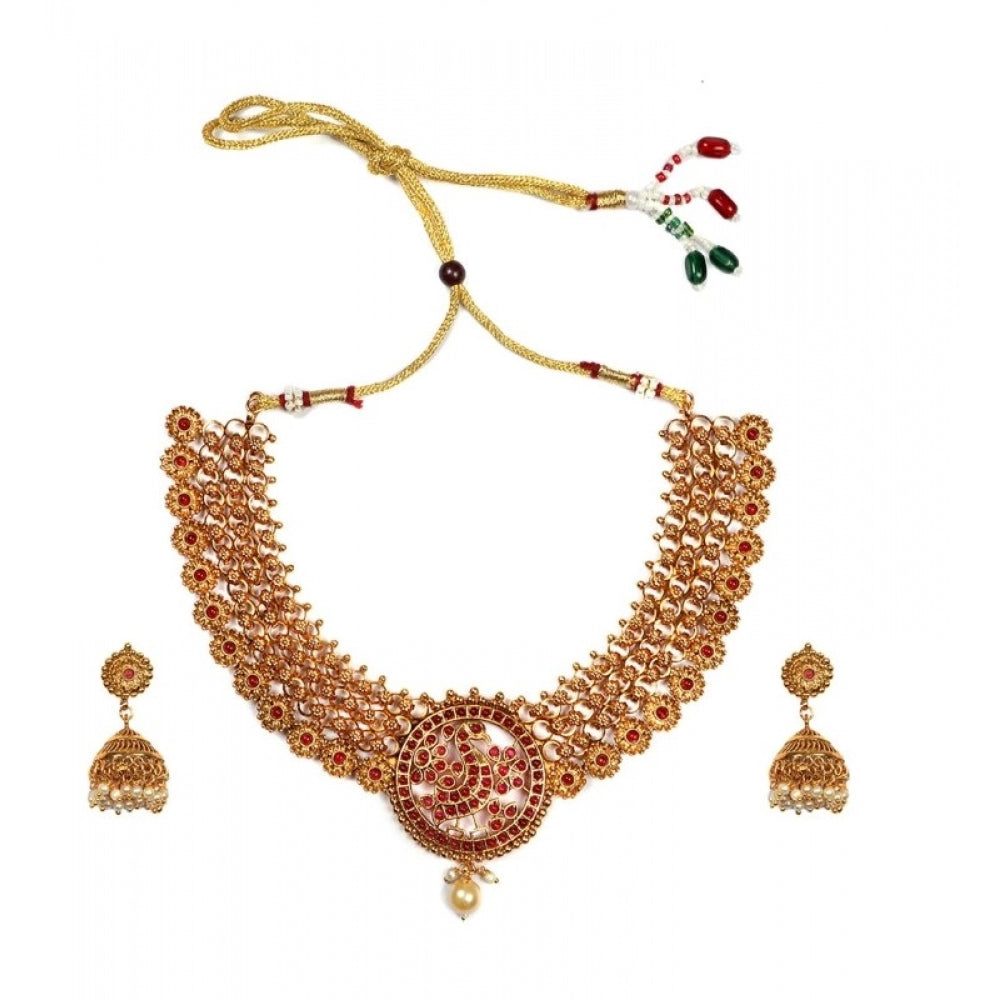 Generic Women's Gold Plated Temple Necklace and Earrings Set (Red, Free Size)