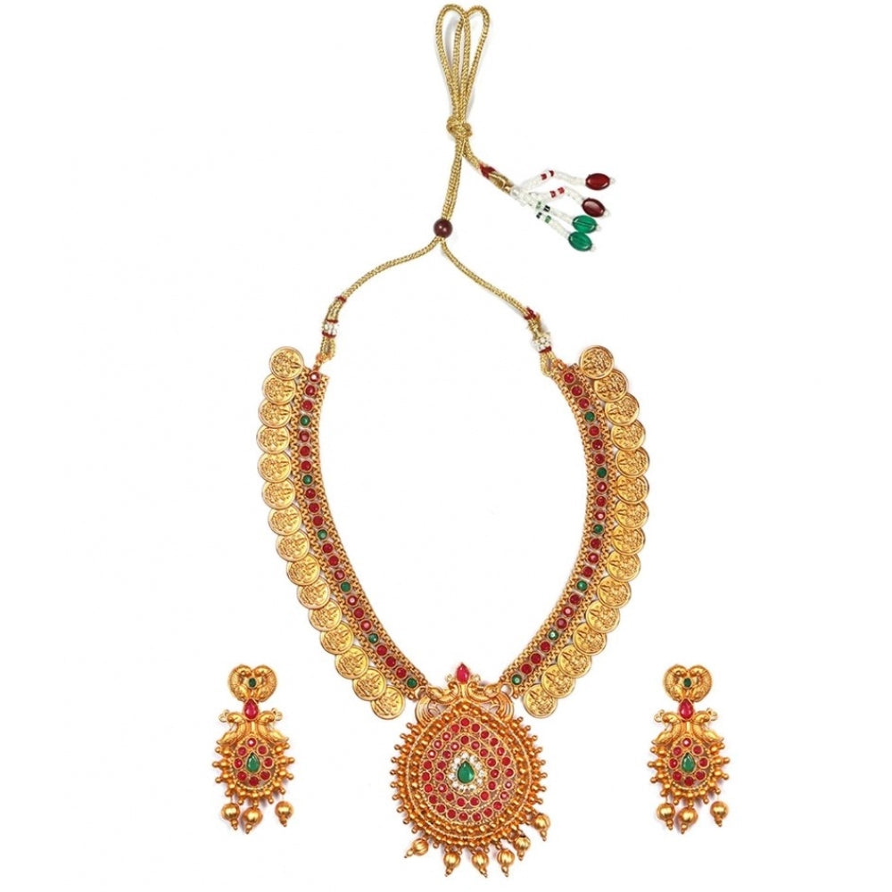 Generic Women's Gold Plated Temple Necklace and Earrings Set with Pearls (Multi Color, Free Size)