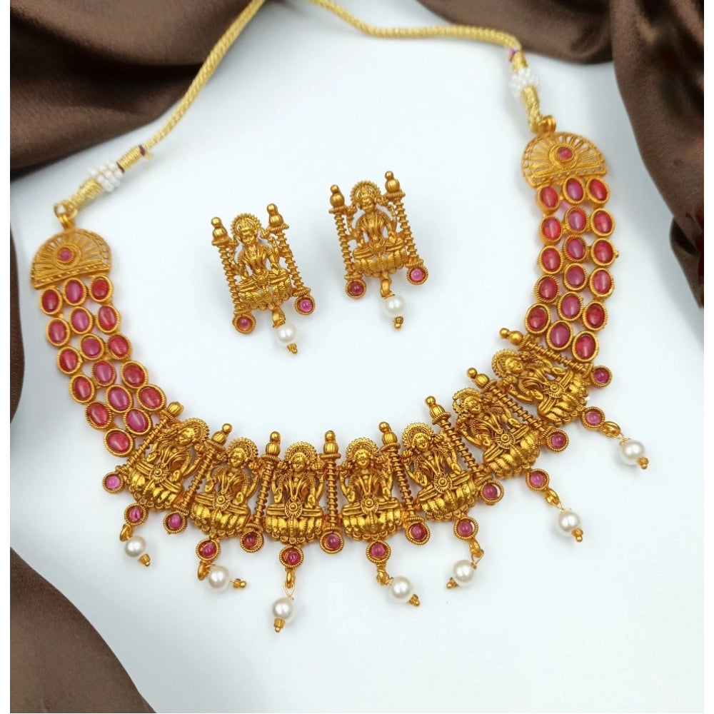 Generic Women's Gold Plated Necklace and Earrings Set (Red, Free Size)