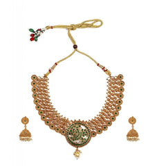 Generic Women's Gold Plated Necklace and Earrings Set with Meenakari Work (Green, Free Size)