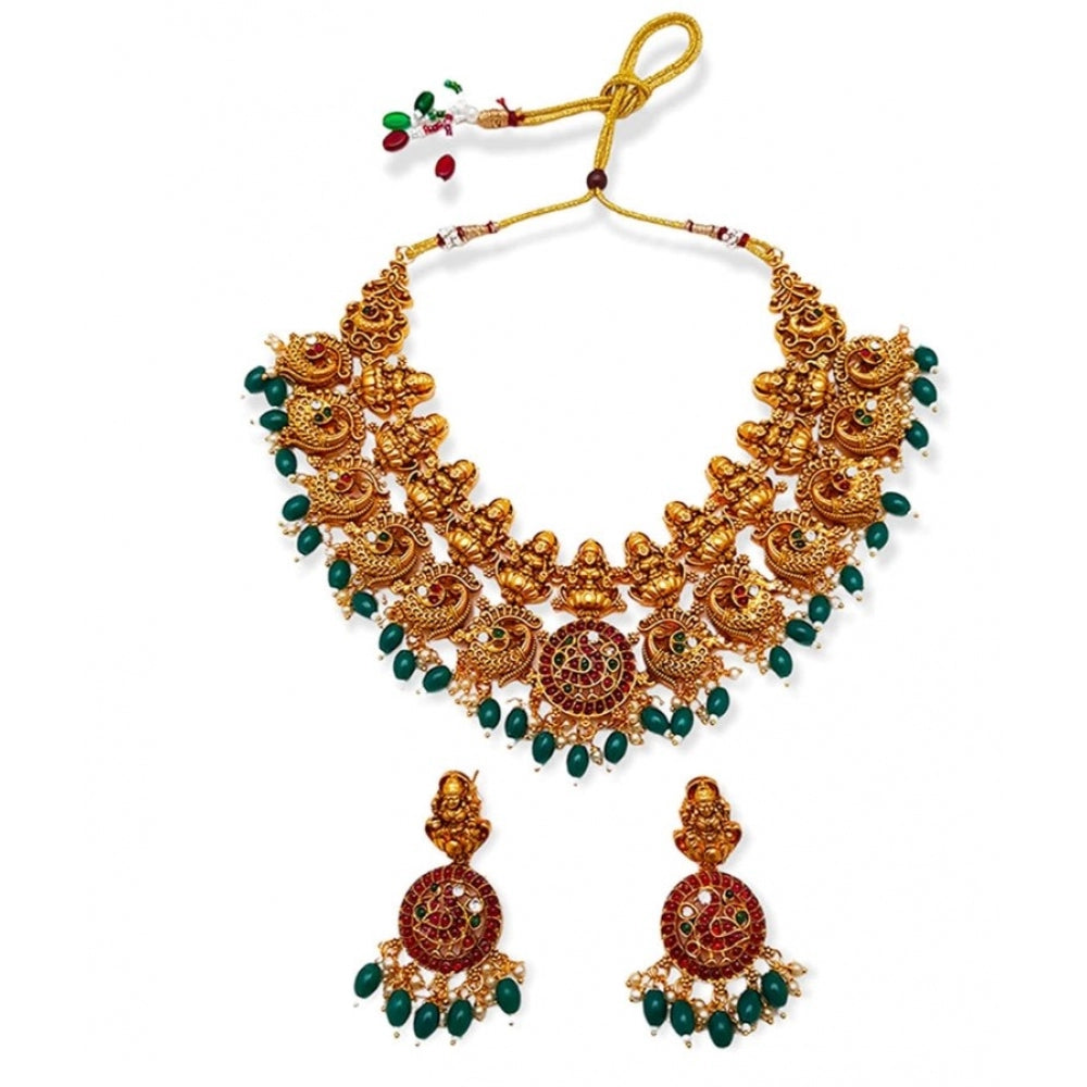 Generic Women's Gold Plated Temple Necklace and Earrings Set (Green, Free Size)