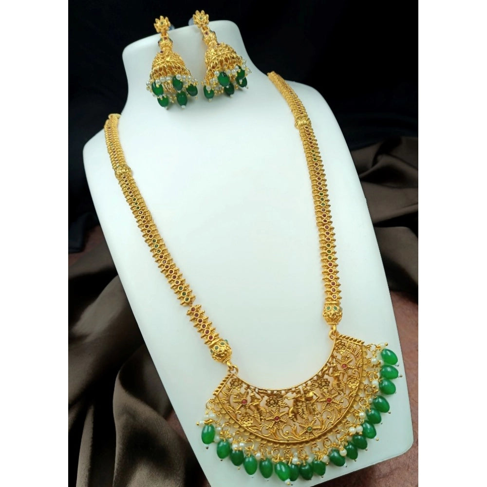 Generic Women's Gold Plated Temple Necklace and Earrings Set (Green, Free Size)