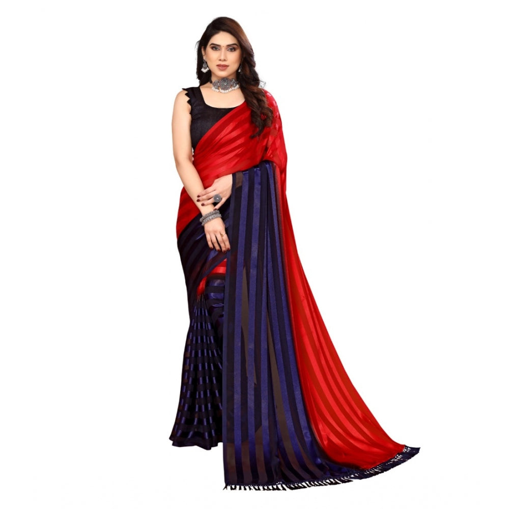 Generischer Bollywood-Satin-Sari mit Verzierung und Streifen und Bluse für Damen (Rot, Dunkelblau)