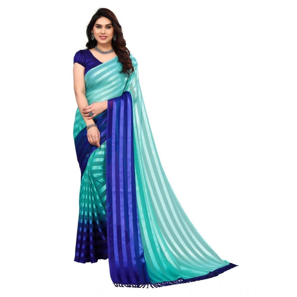 Generic Women's Embellished Striped Bollywood Satin Saree With Blouse (Light Blue, Dark Blue)