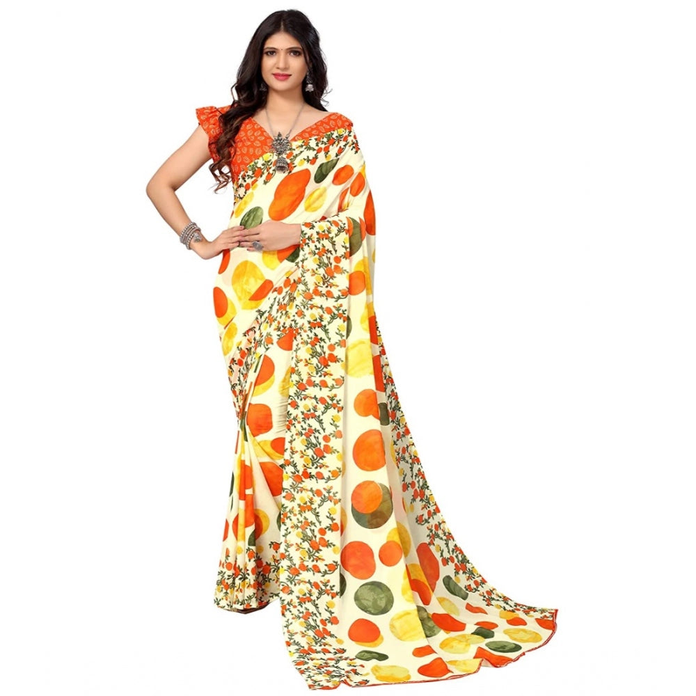 Generic Women's Poly Georgette Printed Saree Without Blouse (Orange)