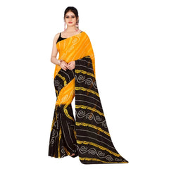 Generic Women's Poly Georgette Printed Saree Without Blouse (Yellow, Black)