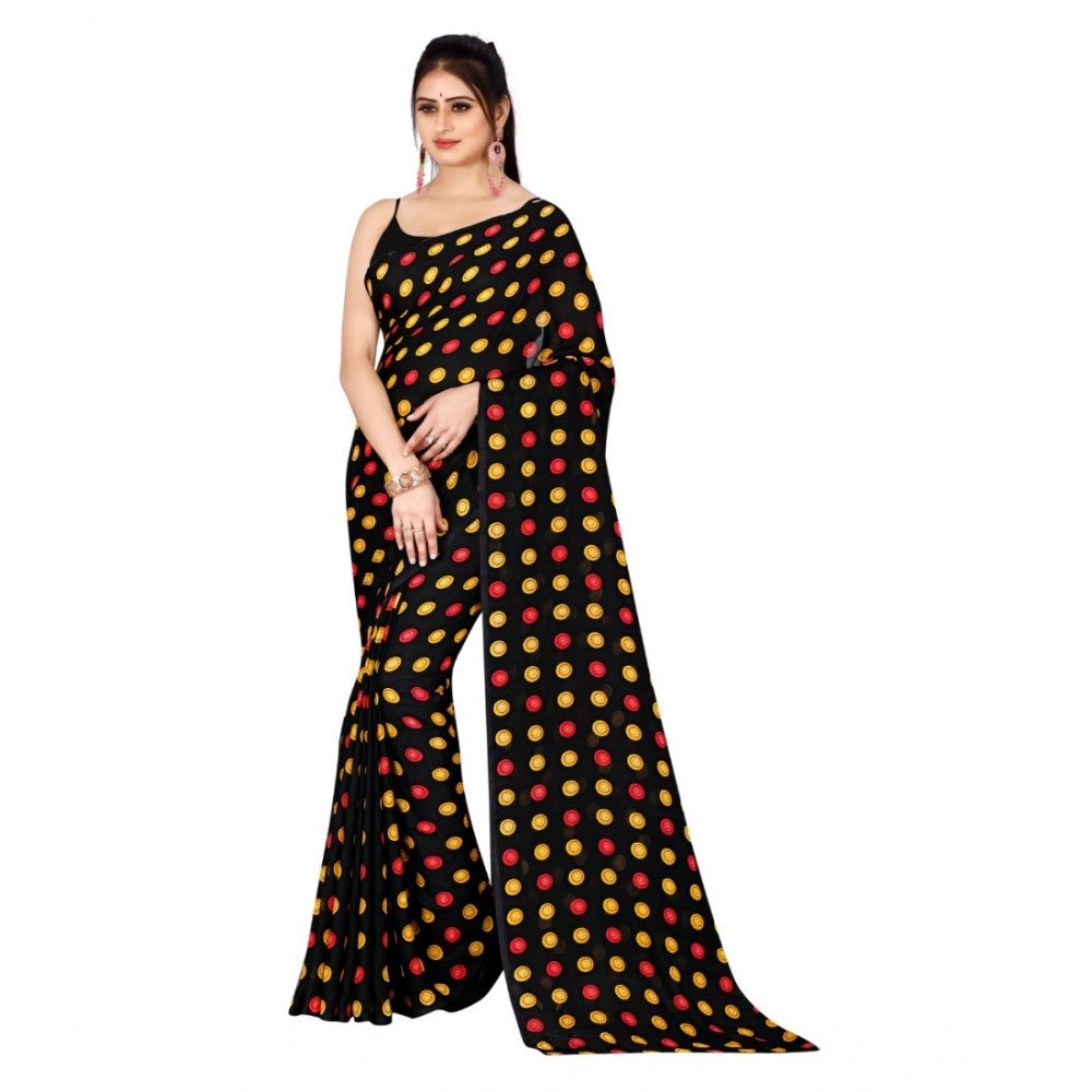 Generic Women's Poly Georgette Printed Saree Without Blouse (Black)