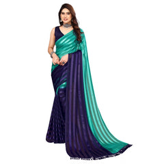 Generisches verziertes gestreiftes Bollywood-Satin-Sari mit Bluse für Damen (Seegrün, Königsblau)