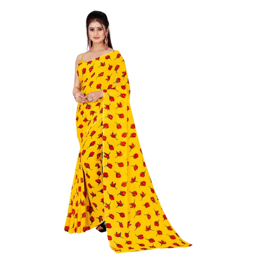 Generic Women's Poly Georgette Printed Saree Without Blouse (Yellow)