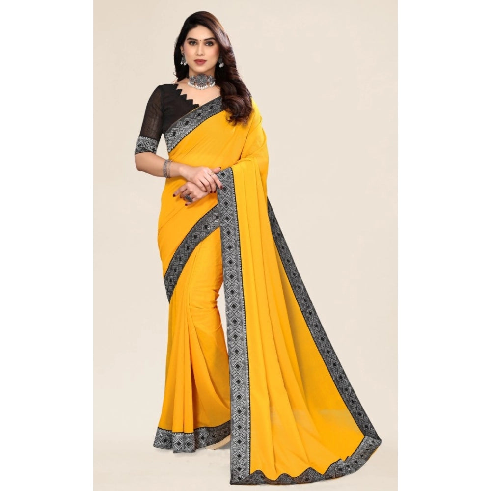 Generic Women's Embellished Plain Solid Bollywood Chiffon Saree With Blouse (Yellow)