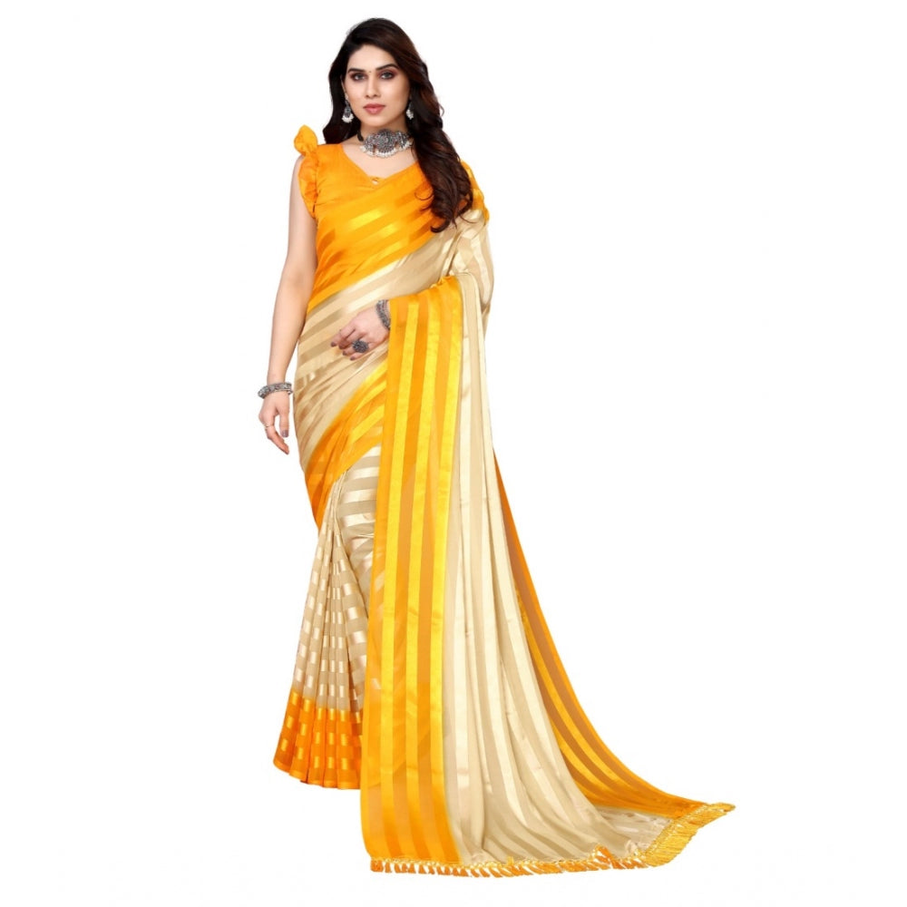 Generischer Bollywood-Satin-Sari mit Verzierung und Streifen und Bluse für Damen (Beige, Gelb)