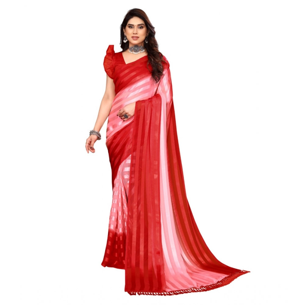 Generischer Bollywood-Satin-Sari mit Verzierung und Streifen und Bluse für Damen (Rosa, Rot)