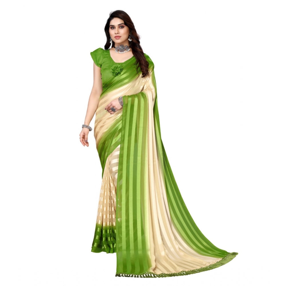 Generisches verziertes gestreiftes Bollywood-Satin-Sari mit Bluse für Damen (Beige, Grün)