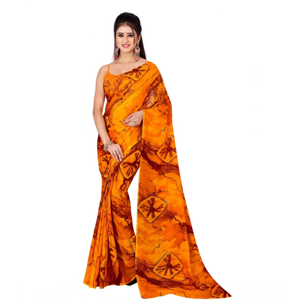 Generic Women's Poly Georgette Printed Saree Without Blouse (Yellow)