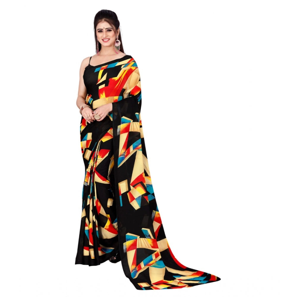 Generic Women's Poly Georgette Printed Saree Without Blouse (Black)