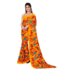 Generic Women's Poly Georgette Printed Saree Without Blouse (Yellow)