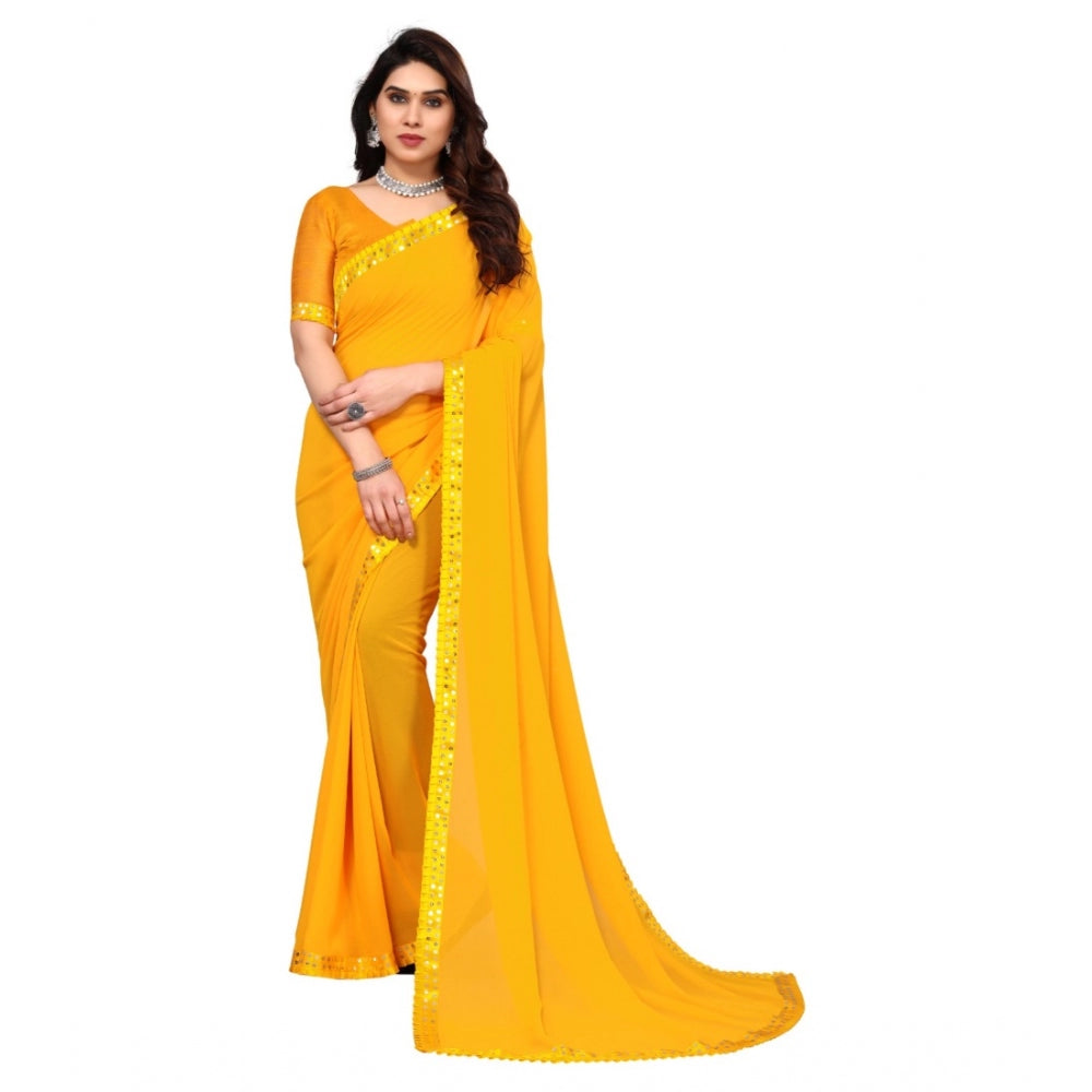 Generischer Bollywood-Georgette-Sari mit Verzierung und Aufdruck für Damen (Gelb)