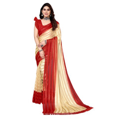 Generisches verziertes gestreiftes Bollywood-Satin-Sari mit Bluse für Damen (Beige, Rot)