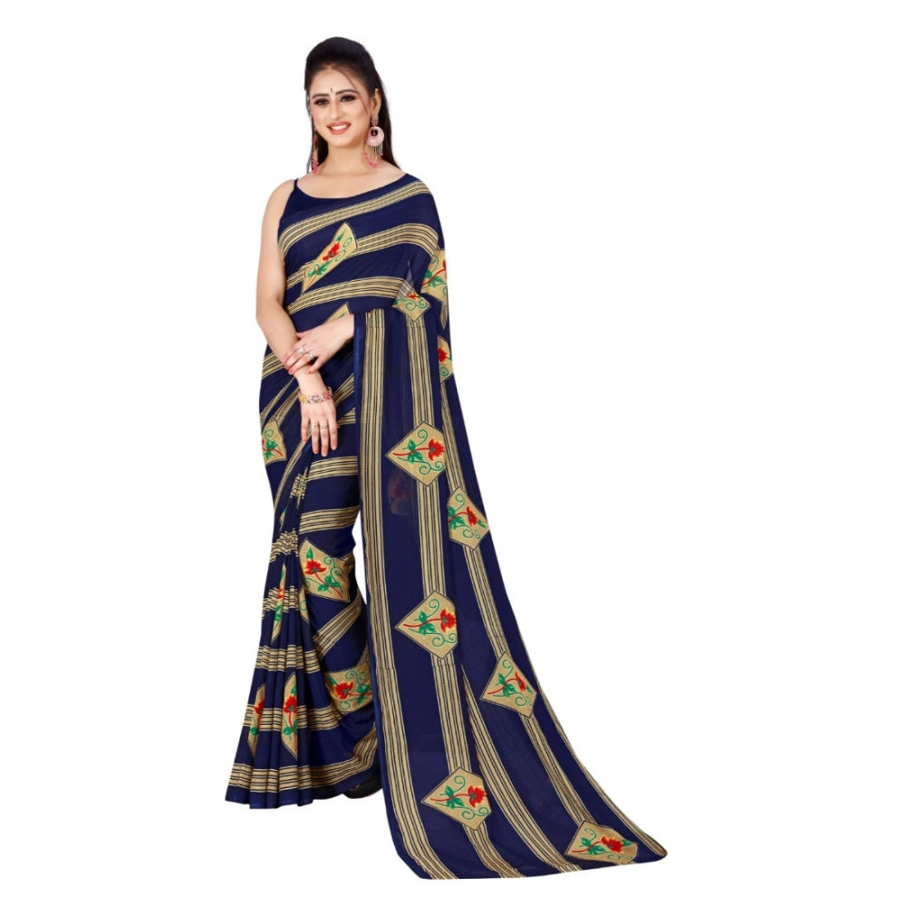 Generic Women's Poly Georgette Printed Saree Without Blouse (Navy Blue)