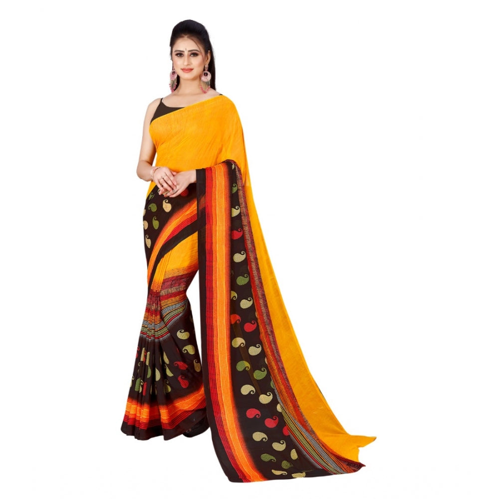 Generic Women's Poly Georgette Printed Saree Without Blouse (Yellow, Black)