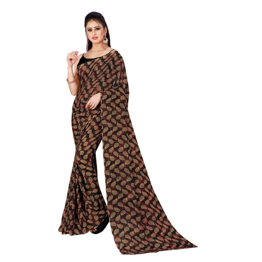 Generic Women's Poly Georgette Printed Saree Without Blouse (Black)