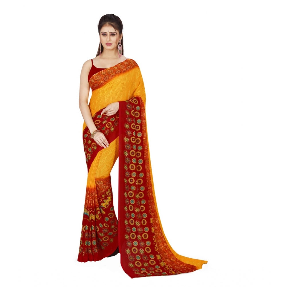 Generic Women's Poly Georgette Printed Saree Without Blouse (Yellow, Maroon)