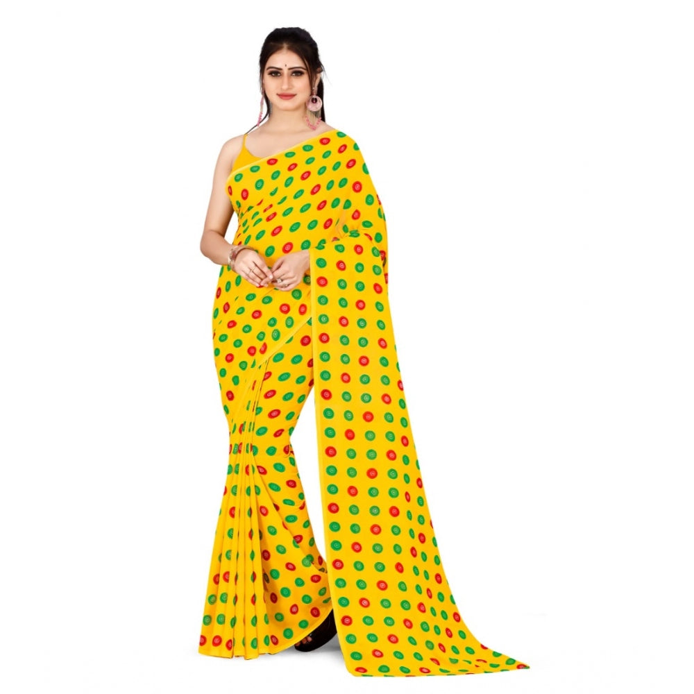 Generic Women's Poly Georgette Printed Saree Without Blouse (Yellow, Multi Color)