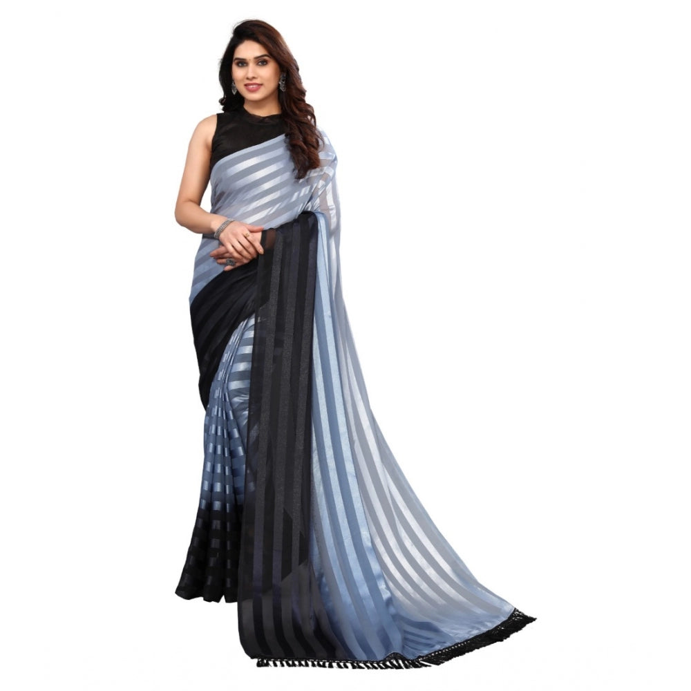 Generisches verziertes gestreiftes Bollywood-Satin-Sari mit Bluse für Damen (Hellblau, Schwarz)