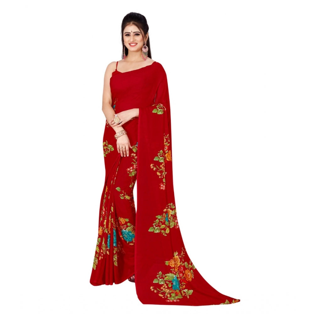 Generic Women's Poly Georgette Printed Saree Without Blouse (Red)