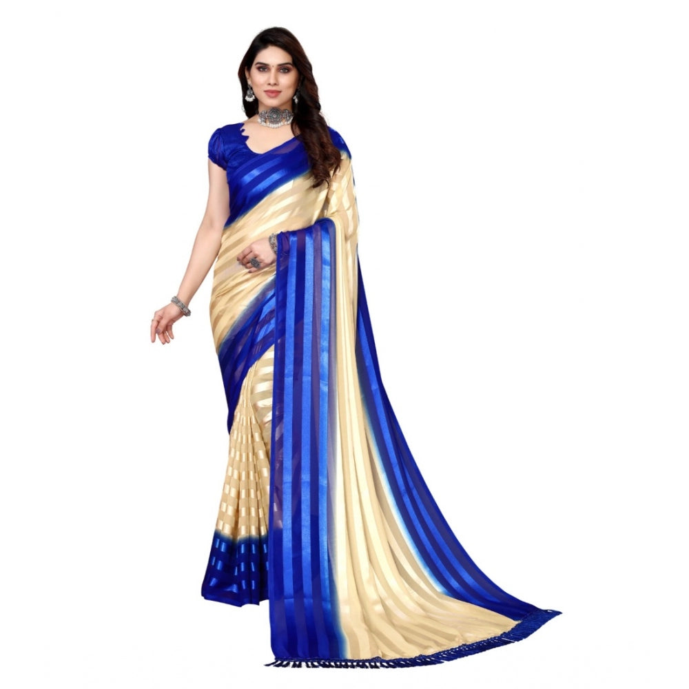 Generischer Bollywood-Satin-Sari mit Verzierung und Streifen und Bluse für Damen (Beige, Blau)