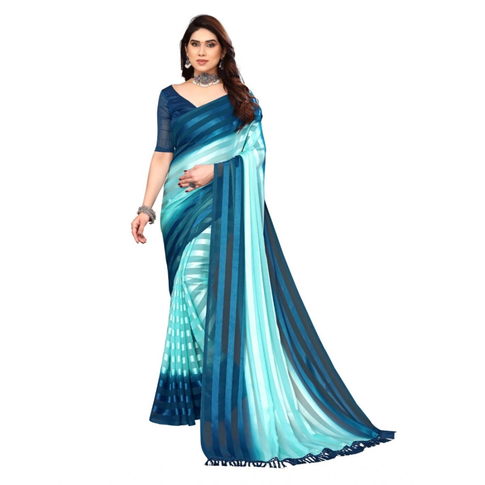 Generisches verziertes gestreiftes Bollywood-Satin-Sari mit Bluse für Damen (Hellblau, Dunkelblau)